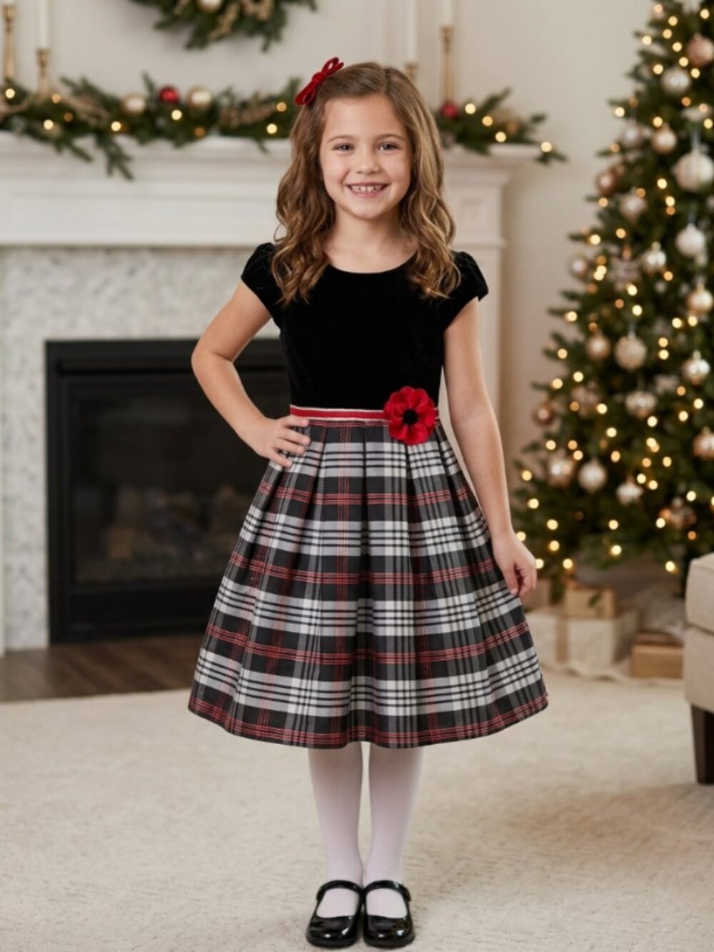 Jona Michelle Girls Size 8 Black Velvet and Plaid Christmas Holiday Dress